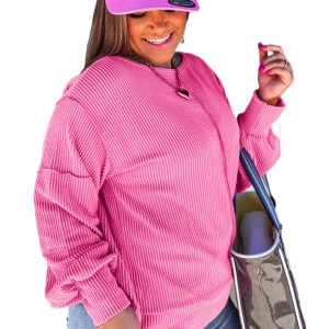 Bonbon Spiral Ribbed Plus Size Long Sleeve Top with Exposed Seam Detail - Main View