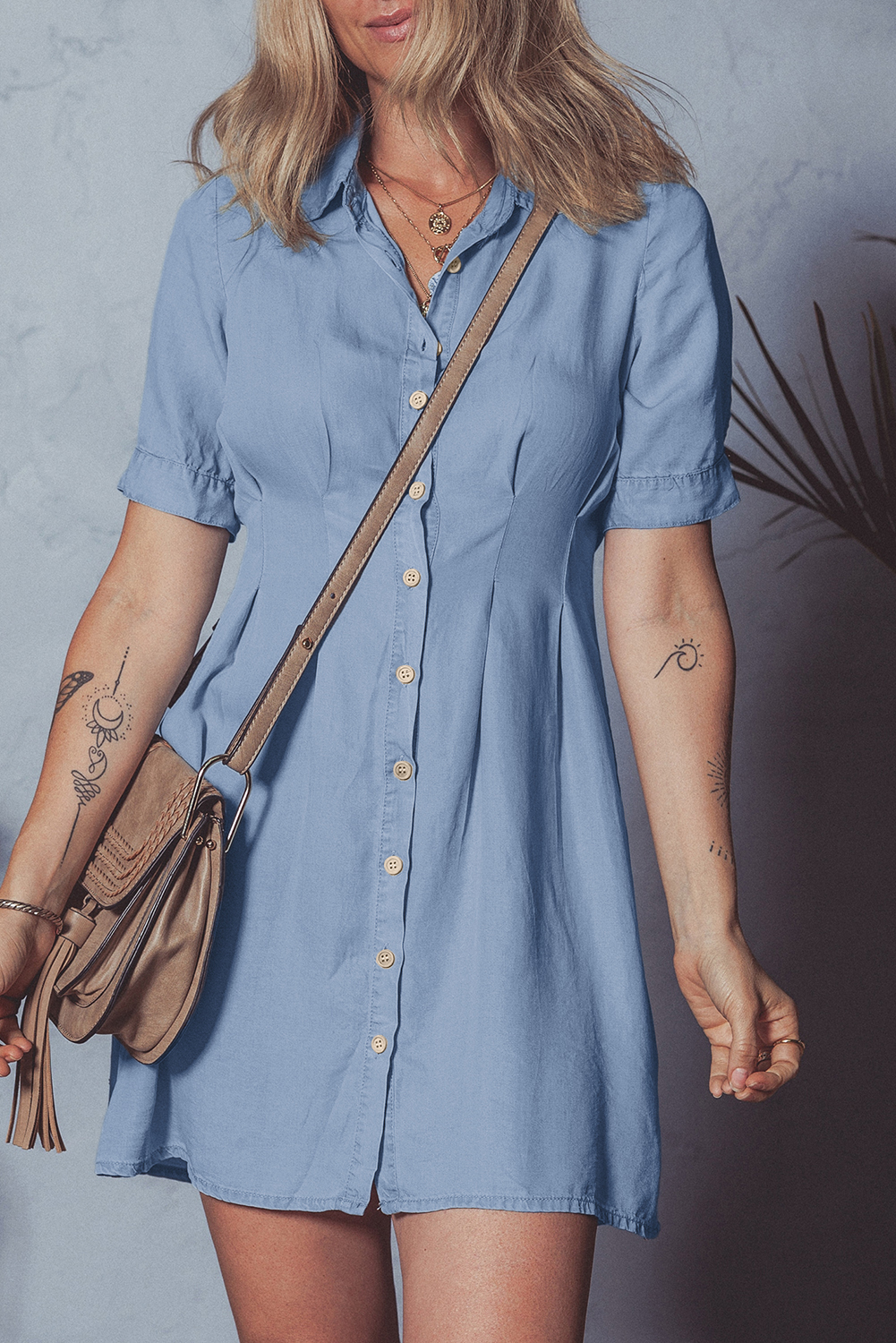Versatile Blue Denim Mini Dress with Pleated Details and Flattering Slim Waist - Detail View 6