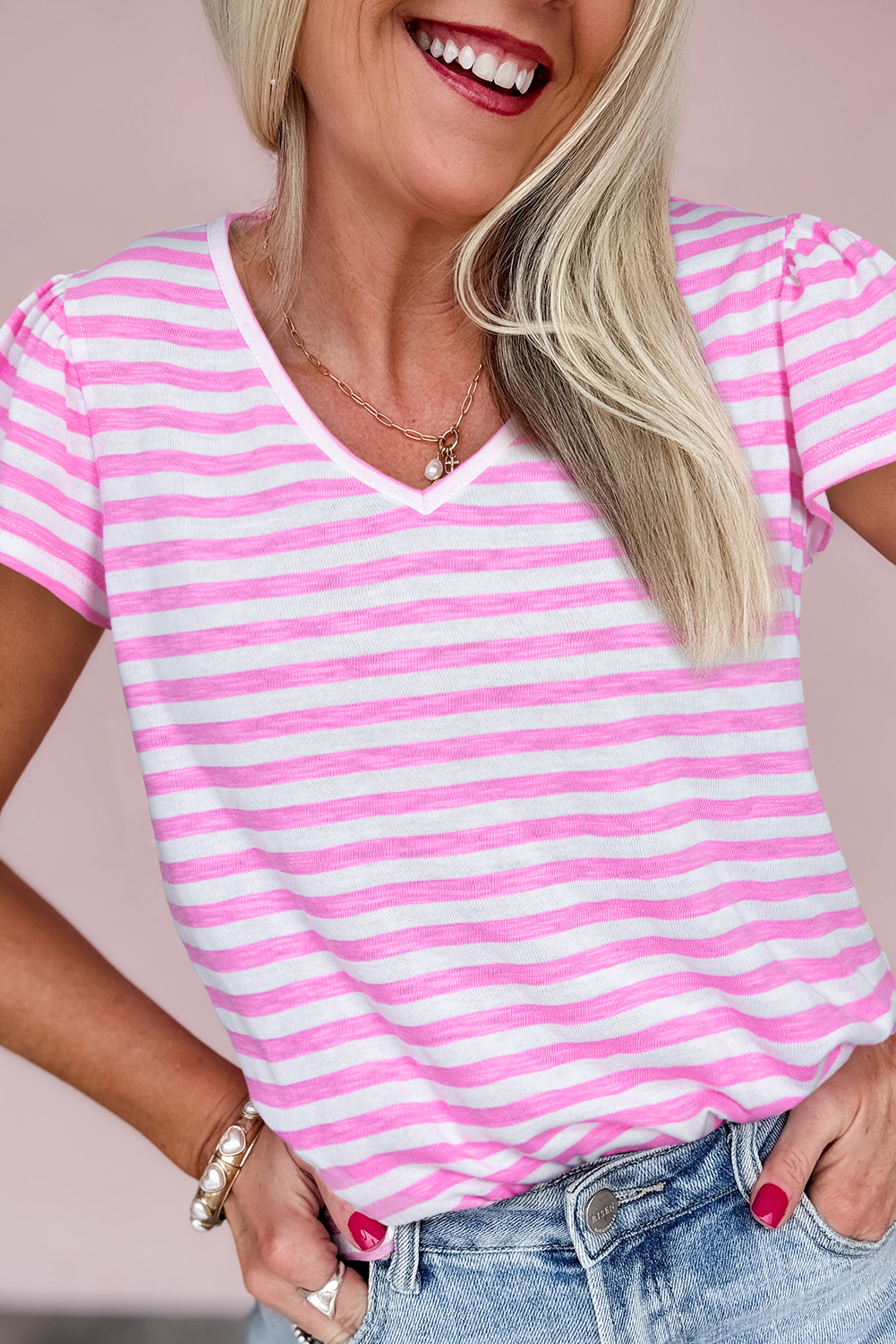 Chic and Casual Bonbon Stripe V Neck Ruffle Sleeve Tee for Summer - Detail View 2