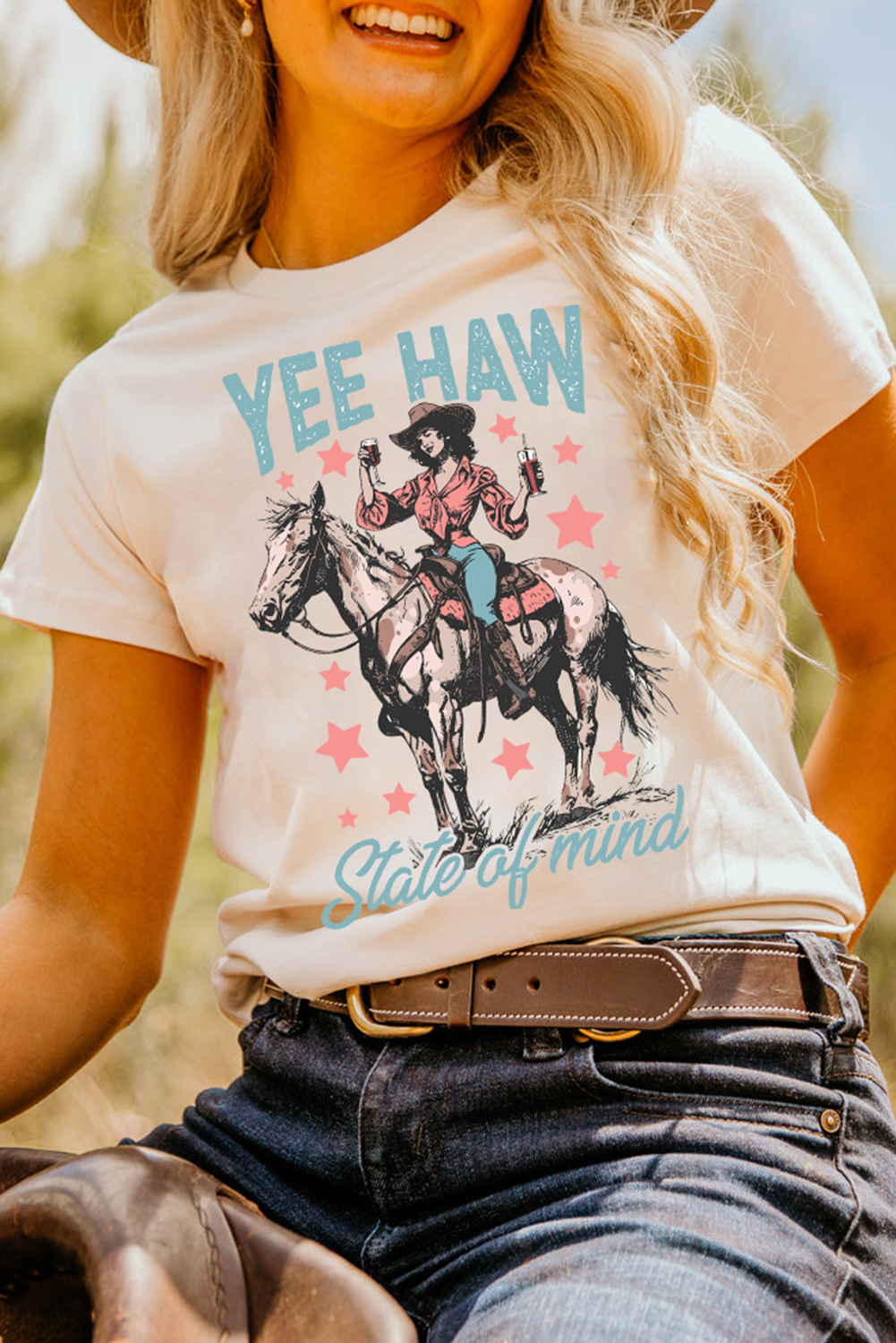 Casual Round Neck White T-Shirt with Western Inspired YEE HAW Design - Detail View 2