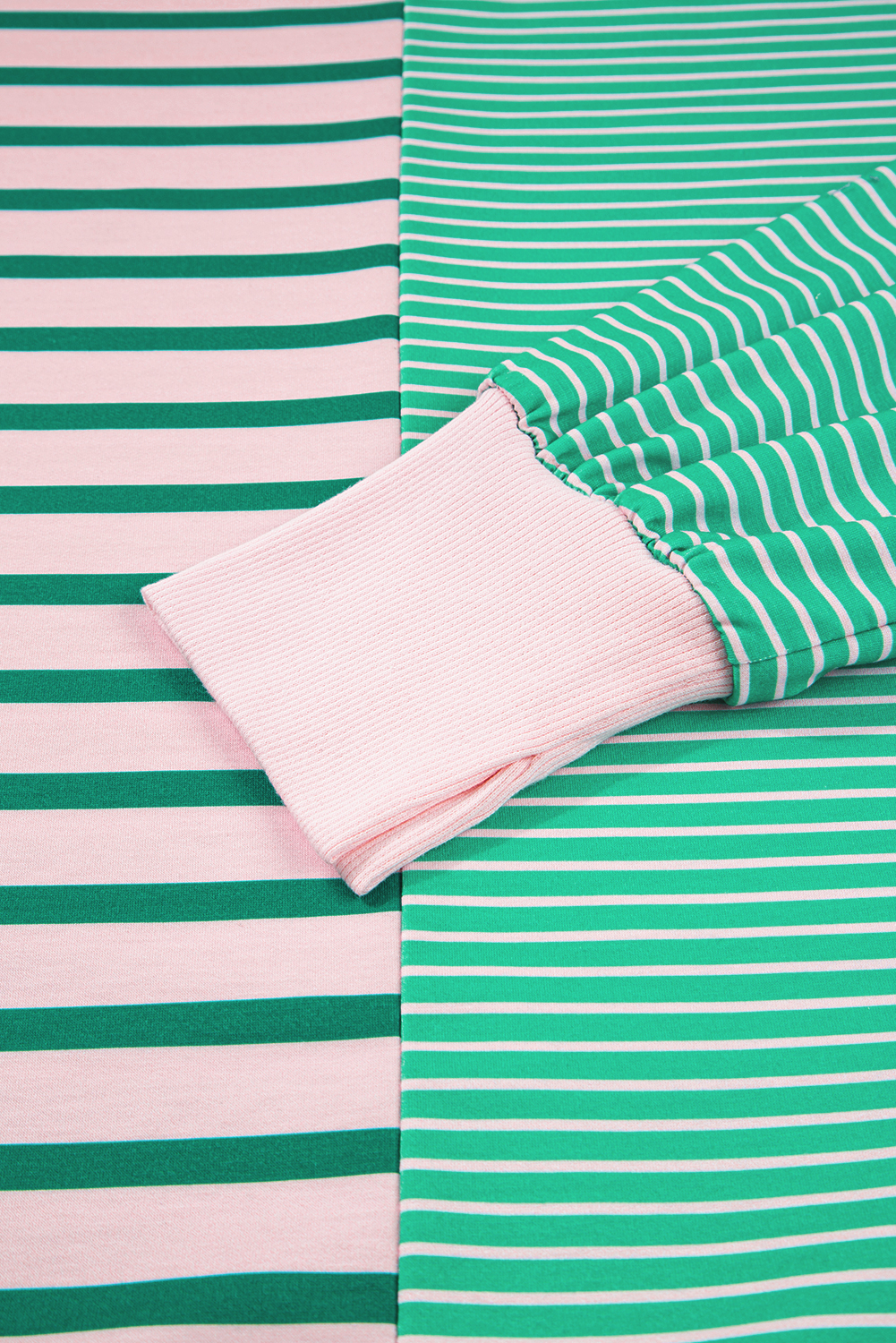 Plus Size Sweatshirt, Green Stripe, Color Block, Exposed Seams, Side Slit, Casual Style, Comfortable Fit, Long Sleeve, Daily Wear, Trendy Design, Fall Fashion, Shift Silhouette, Polyester Blend, Women's Clothing - Detail View 8