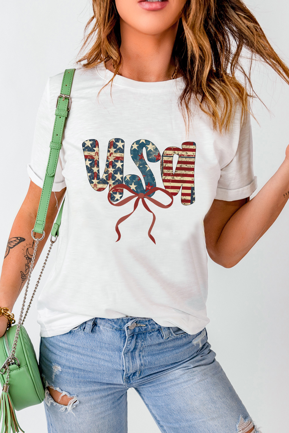 Casual Summer Graphic T-Shirt with USA Flag Design and Bow Detail - Detail View 6