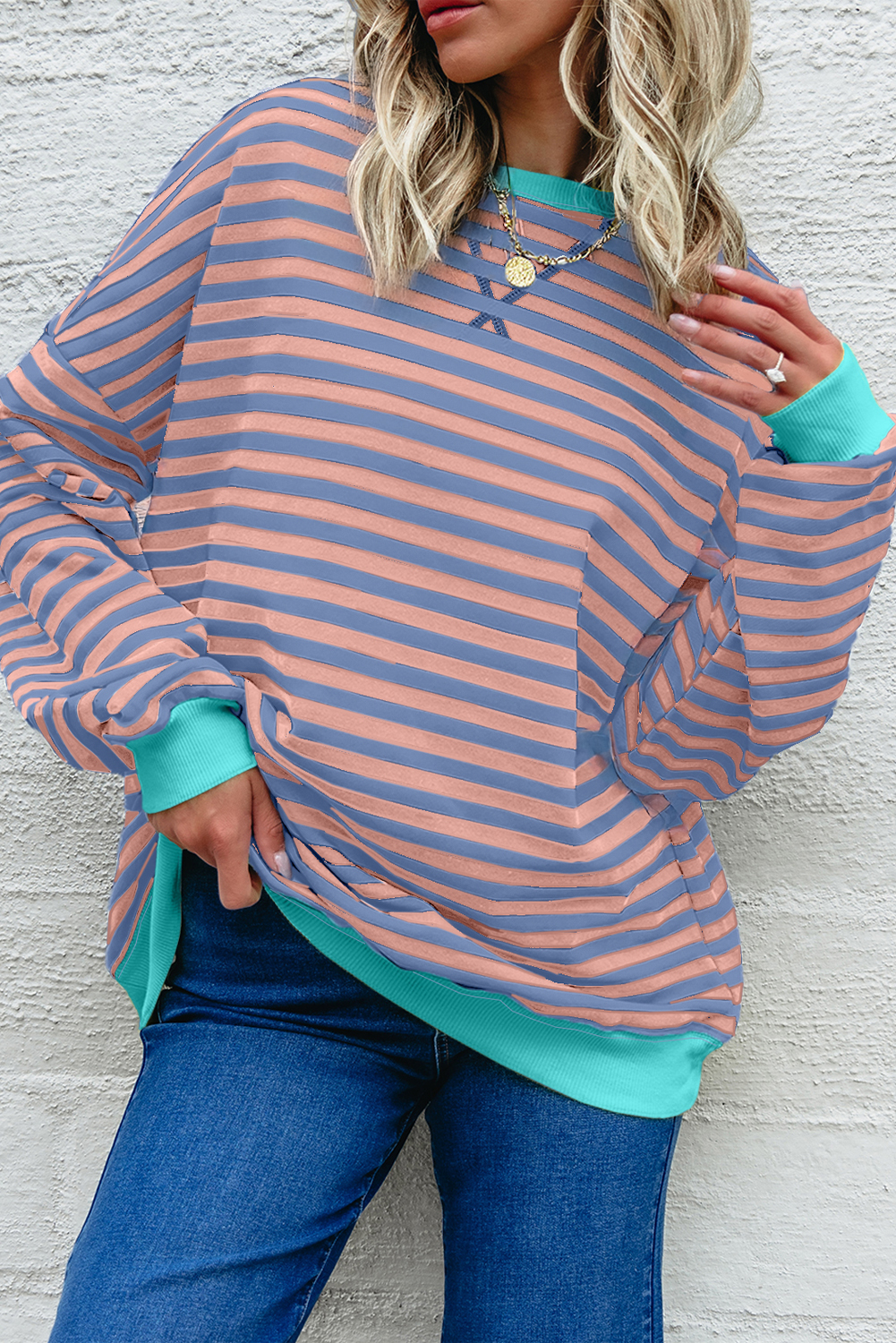 Casual Oversized Sweatshirt in Racing Red with Striped Pattern and Ribbed Trim - Detail View 10