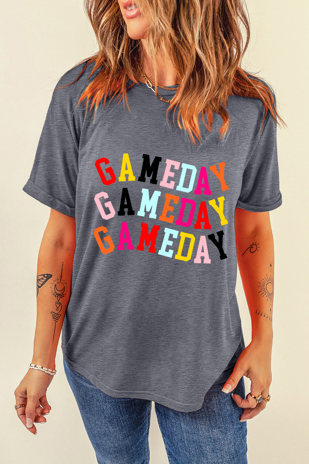 Women's Gray Colorful GAME DAY Graphic Crew Neck T-Shirt - Perfect for Game Day - Detail View 5