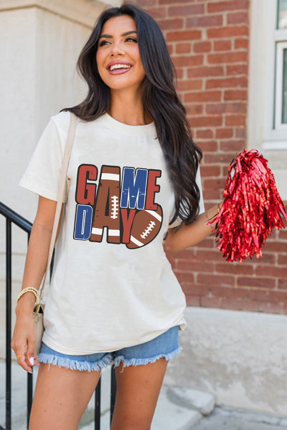 Women's White GAME DAY Football Letter Graphic T-Shirt - Casual Crew Neck Tee - Detail View 5