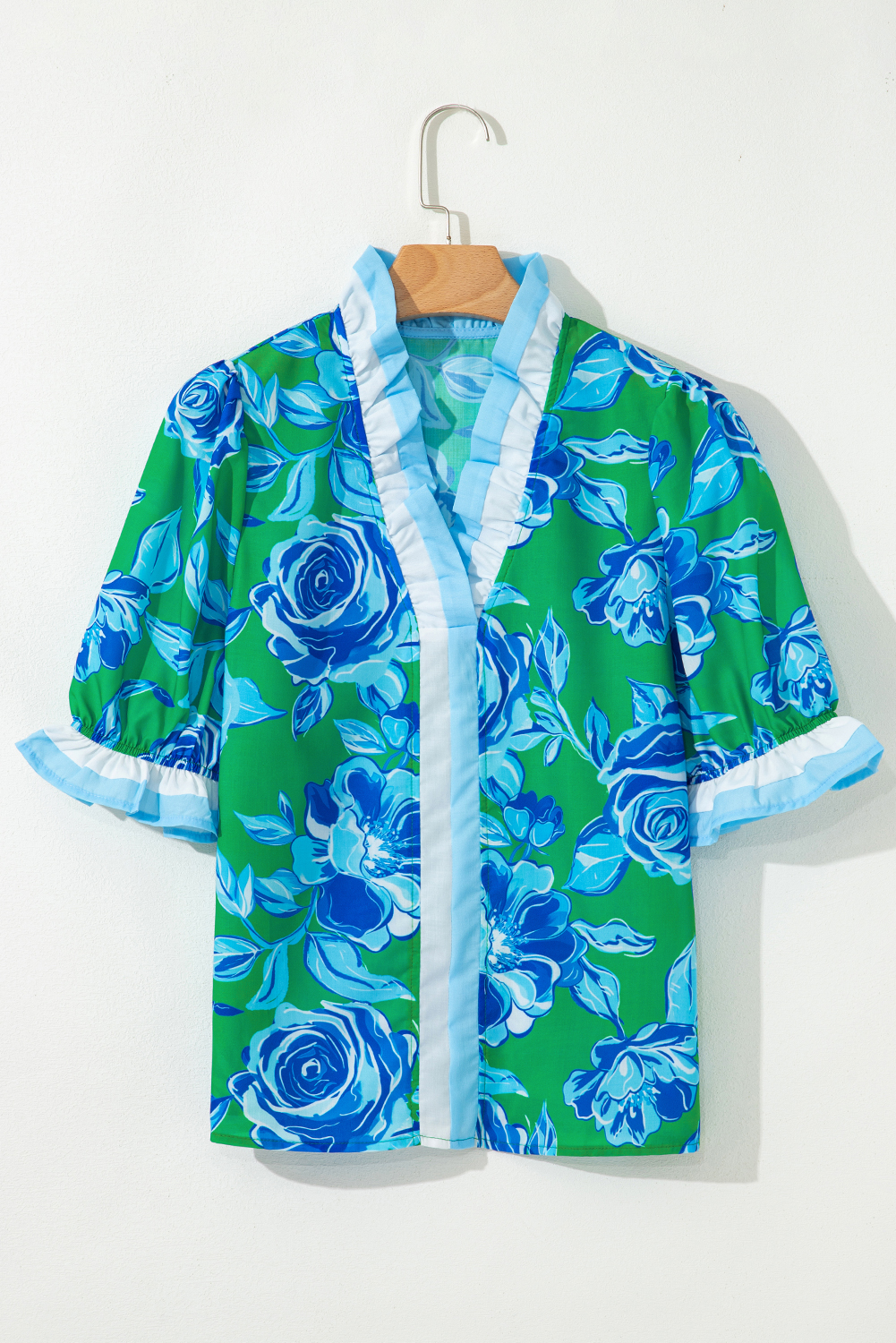 Charming Floral Print Blouse with Ruffled Sleeves - Bright Green V Neck Design - Detail View 6