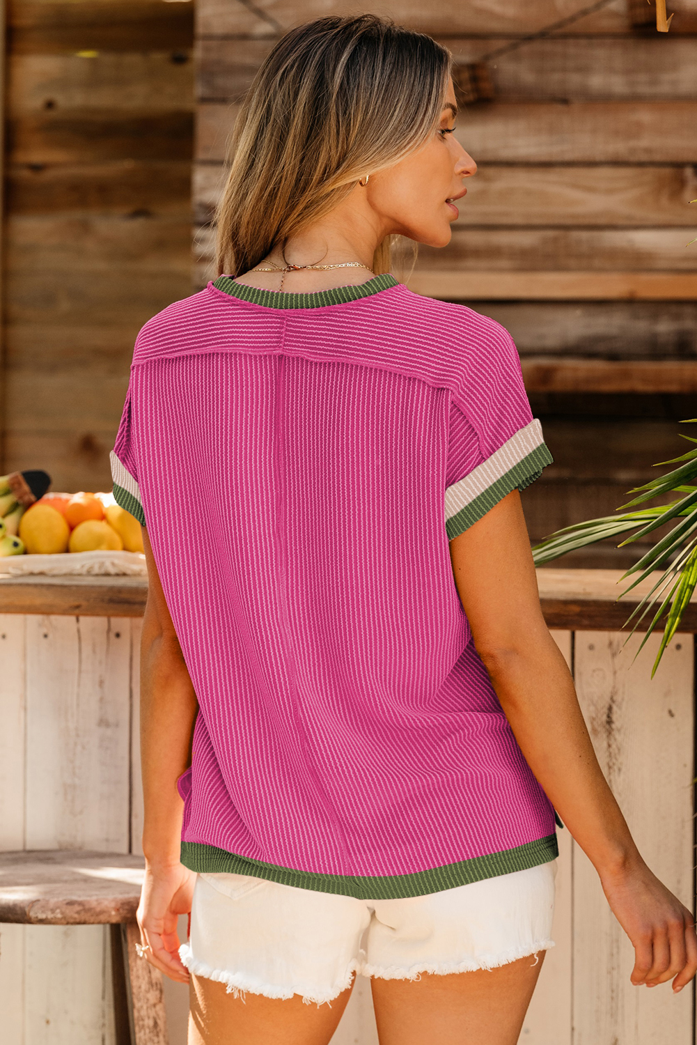 Stylish and Unique Casual Tee: Rose Red with Eye-Catching Contrast Trim - Detail View 2