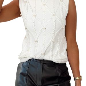 Women's White Pearled High Neck Textured Knit Sweater Vest - Chic and Cozy Fall Fashion - Main View