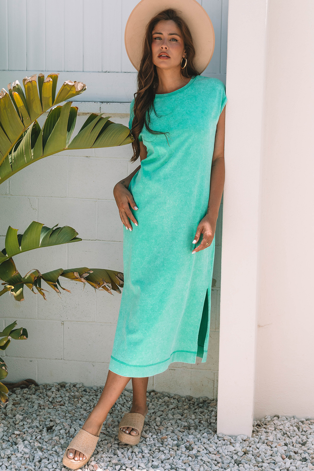 Women's Clearly Aqua Mineral Wash Pocketed T-Shirt Long Dress with Side Slits - Detail View 5