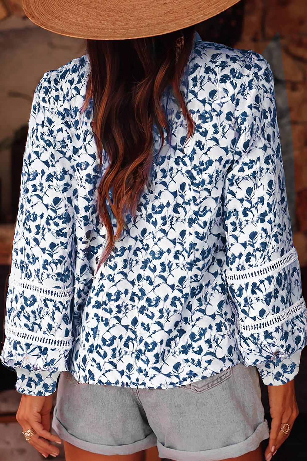 Elegant Fall Shirt for Women - Blue Floral Design with Lace and Puff Sleeves - Detail View 2