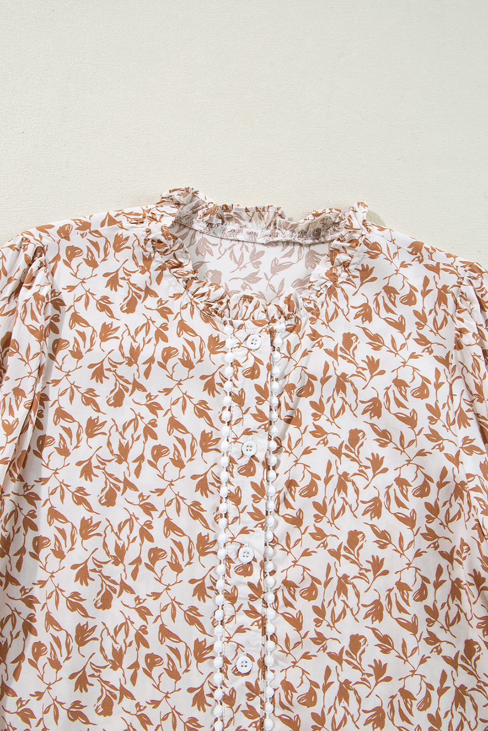 Elegant Fall Shirt for Women - Lace-Trimmed Khaki Floral Blouse - Detail View 6