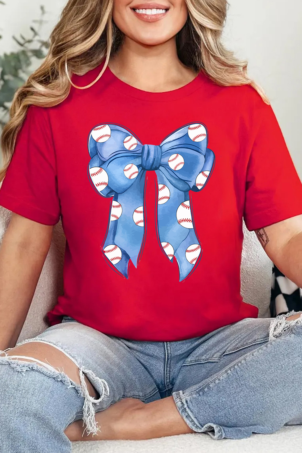 Women's T-Shirt, Red Graphic Tee, Bowknot Design, Crew Neck, Casual Style, Short Sleeve, Everyday Wear, Summer Fashion, Relaxed Fit, Quality Cotton Blend, Game Day Outfit, Simple Chic, Tops, Graphic Tees - Detail View 8