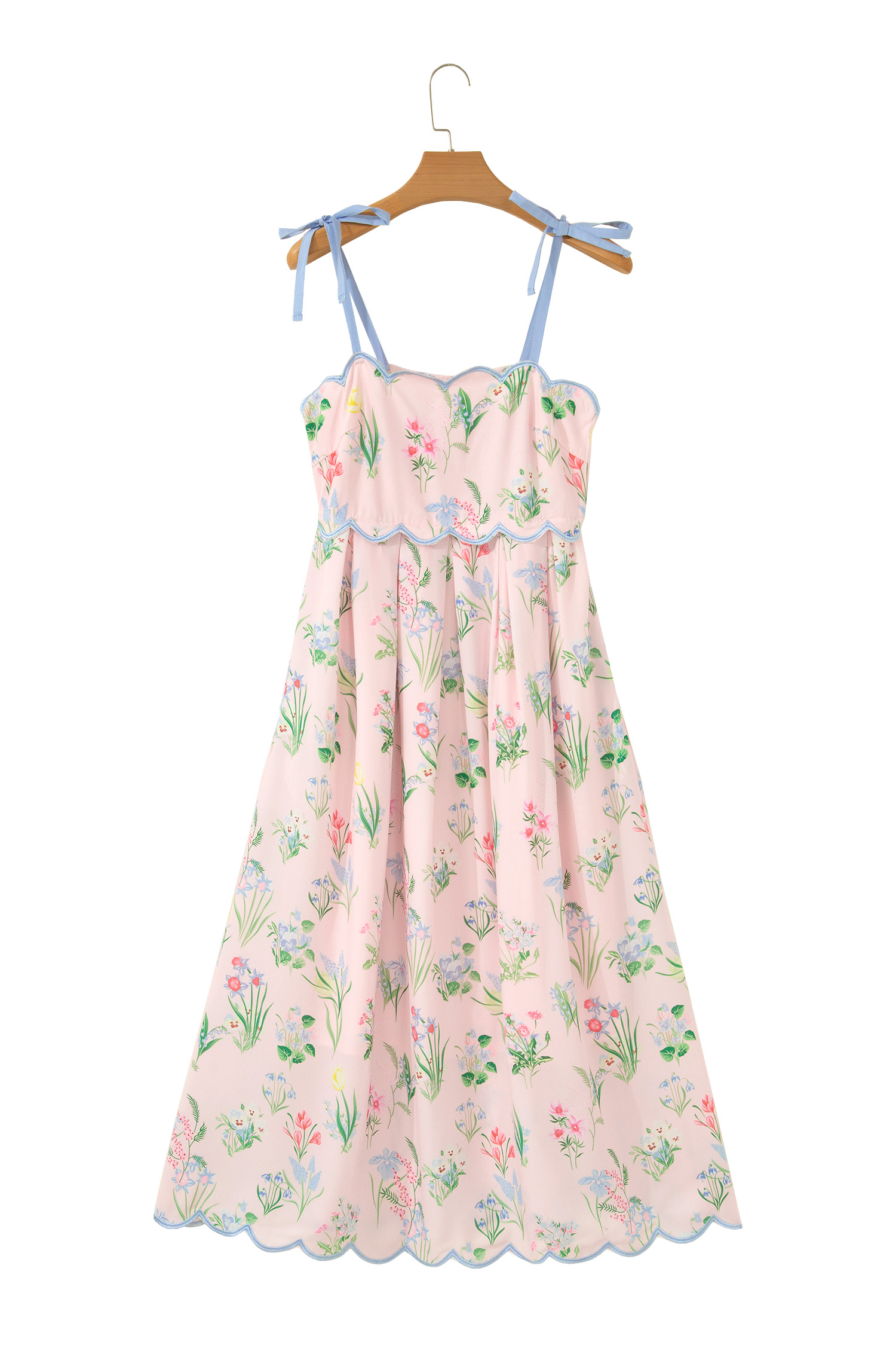 Women's Sleeveless Pink Floral Dress – Contrast Trim High Waist Midi Dress, Summer Gift Idea - Detail View 6