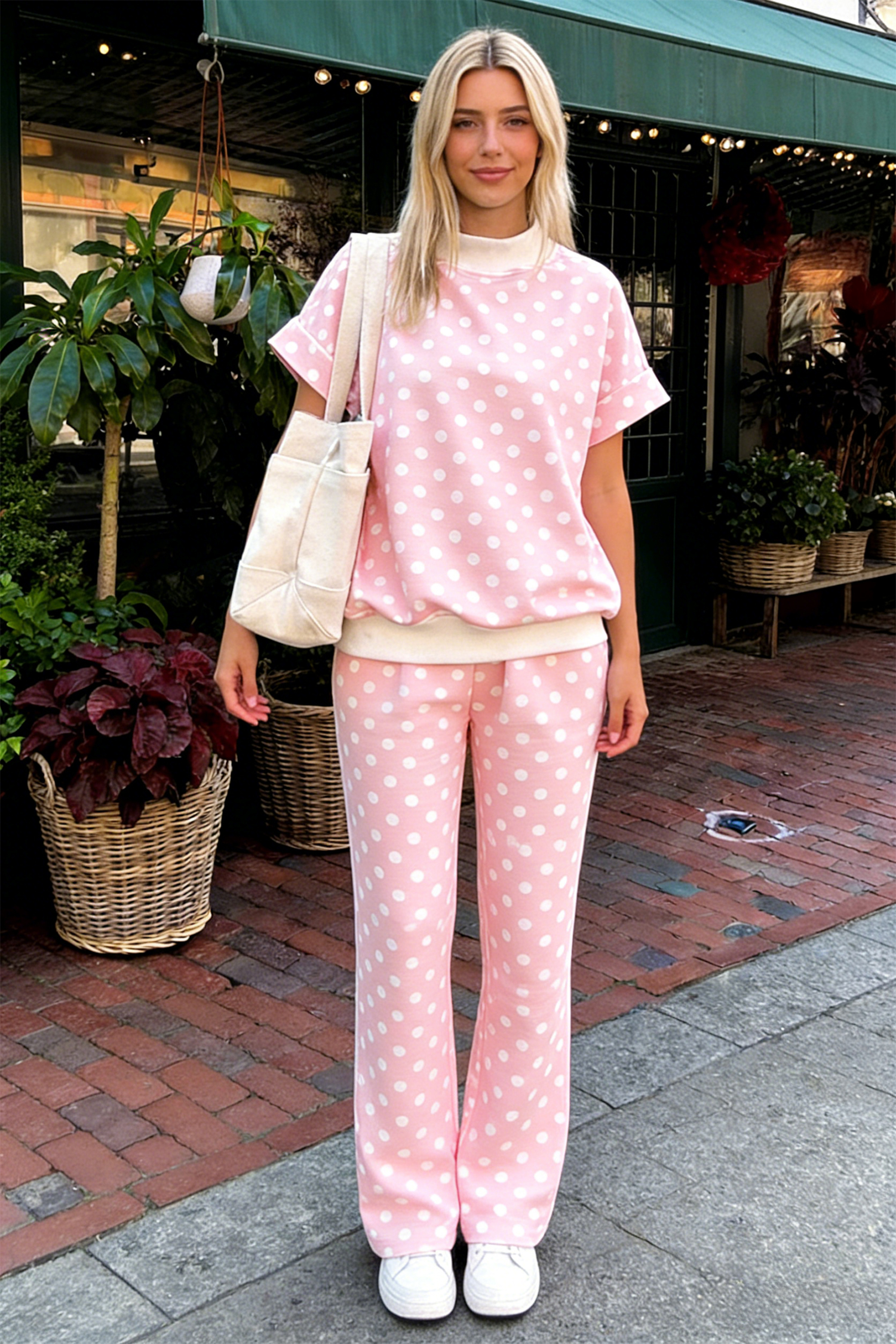 Stylish Women's Polka Dot Short Sleeve Set – Comfortable Mock Neck Shift Top and Matching Pants - Detail View 5