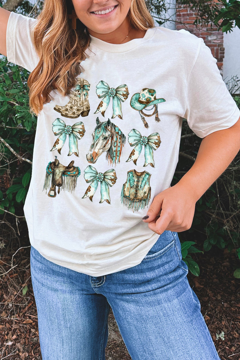 Women's White Cowgirl Fashion Print Crewneck Tee with Bowknot Design - Detail View 5