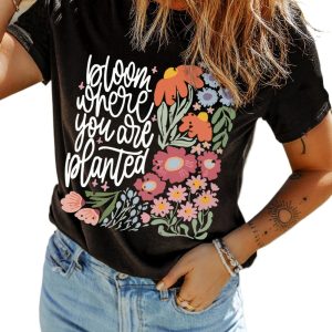 Women's Black 'Bloom Where You Are Planted' Floral Printed T-Shirt - Main View