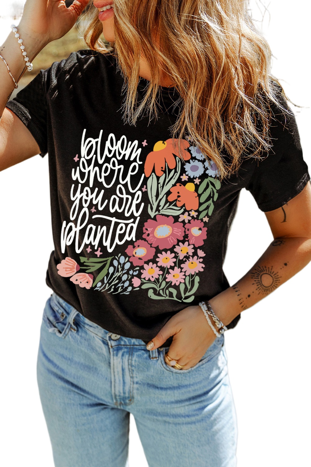 Women's Black 'Bloom Where You Are Planted' Floral Printed T-Shirt - Main View