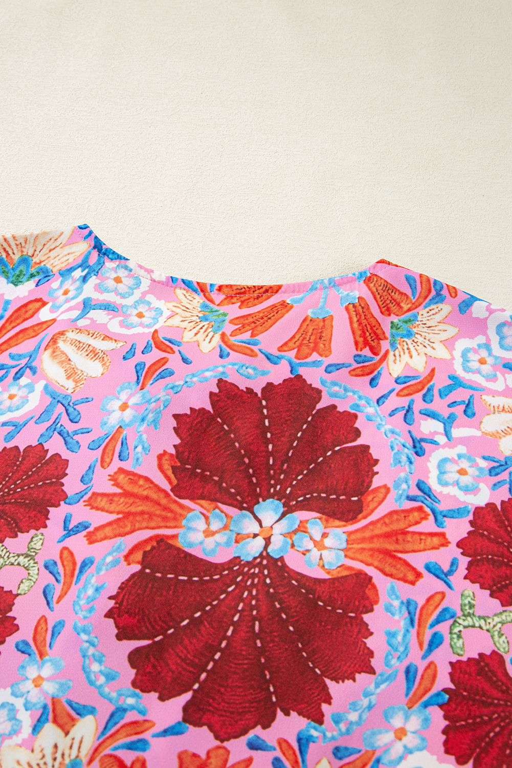 Women's Dress, Rose Floral, Tied Front, High Waist, Short Sleeve, Maxi Length, Casual Style, Floral Pattern, Summer Dress, Vacation Wear, Feminine Fashion, A-Line Silhouette, Loose Fit, Vintage Floral, Comfortable Dress - Detail View 12