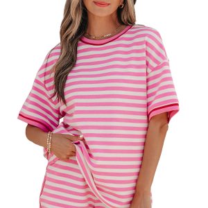 Women's Pink Striped 2-Piece Short Set – Casual Contrast Trim Top and High Waist Shorts for Summer - Main View