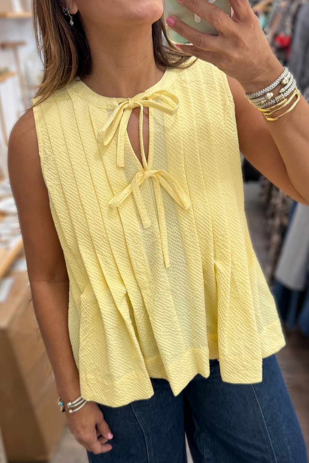 Women's Yellow Cream Bow Tie Notched Neck Pleated Tank Top - Stylish Summer Essential - Detail View 5