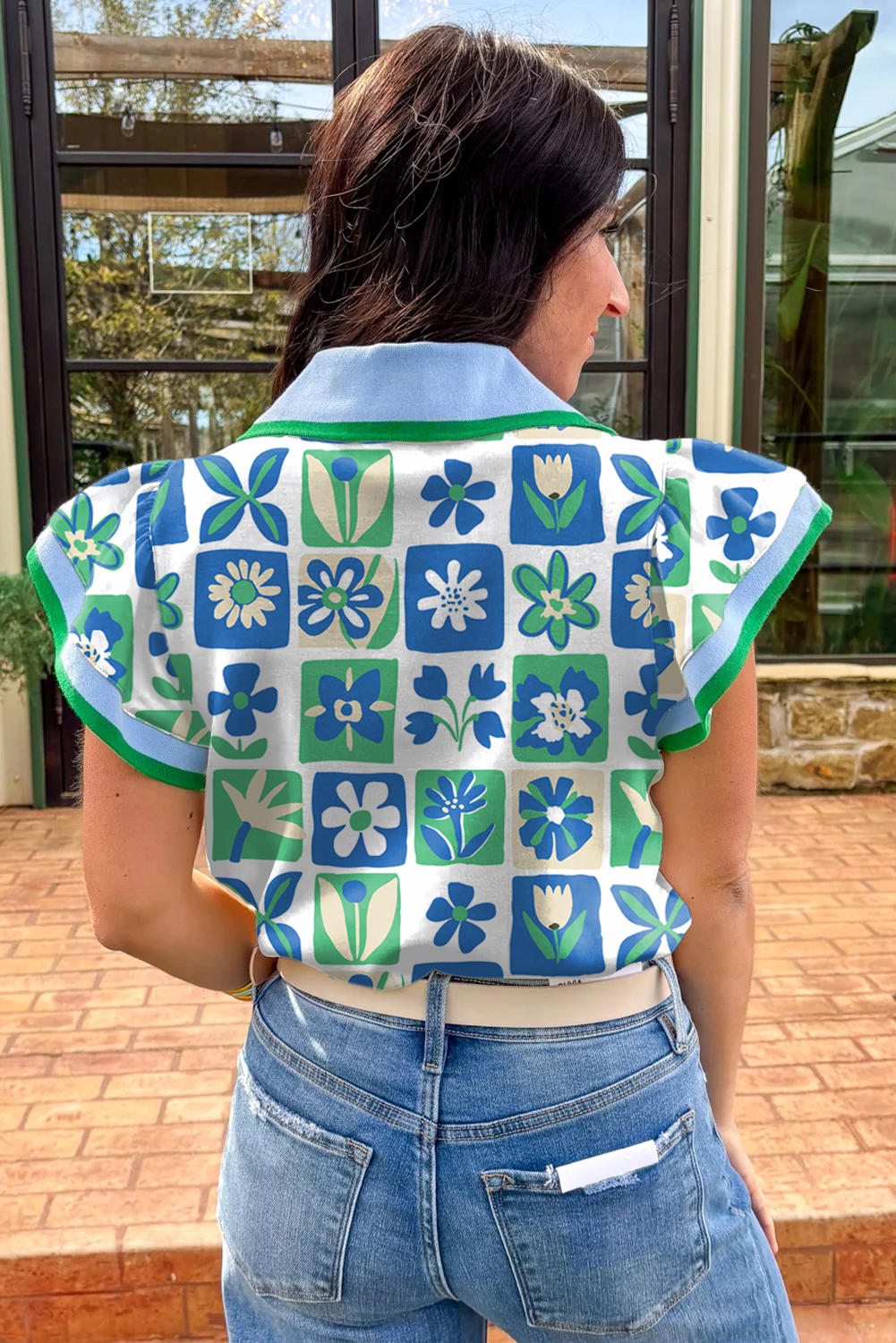 Chic and Playful Flutter Sleeve Blouse - Green Floral and Plaid Design - Detail View 2