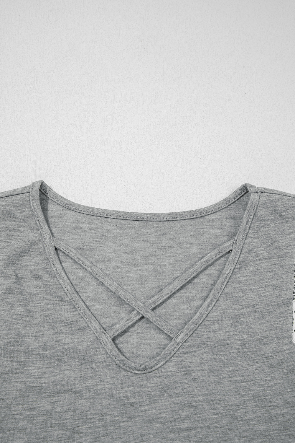 Women's Gray Lace Patchwork Criss Cross V Neck Tank Top - Elegant Slim Fit Sleeveless Blouse - Detail View 9