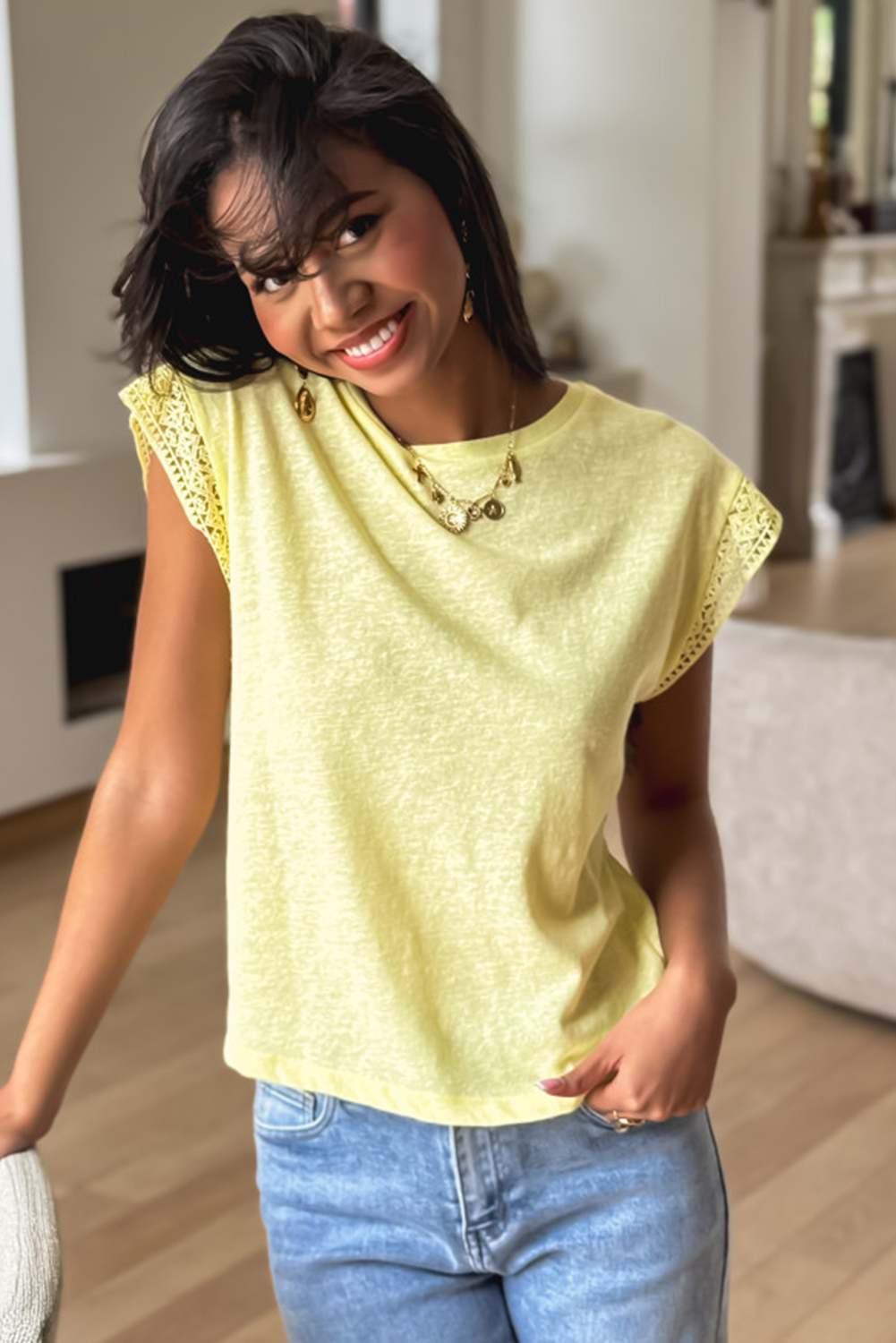 Women's T-Shirt, Yellow Cream, Lace Patchwork, Cap Sleeve, Round Neck, Casual Style, Summer Fashion, Comfortable Fabric, Daily Wear, Beach Outfit, Outdoor Top, Vacation Ready, Date Night, Back to School, Solid Color - Detail View 8