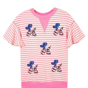 Women's Sachet Pink Striped Sequin USA Flag Inspired Ruffled Short Sleeve Top - Main View