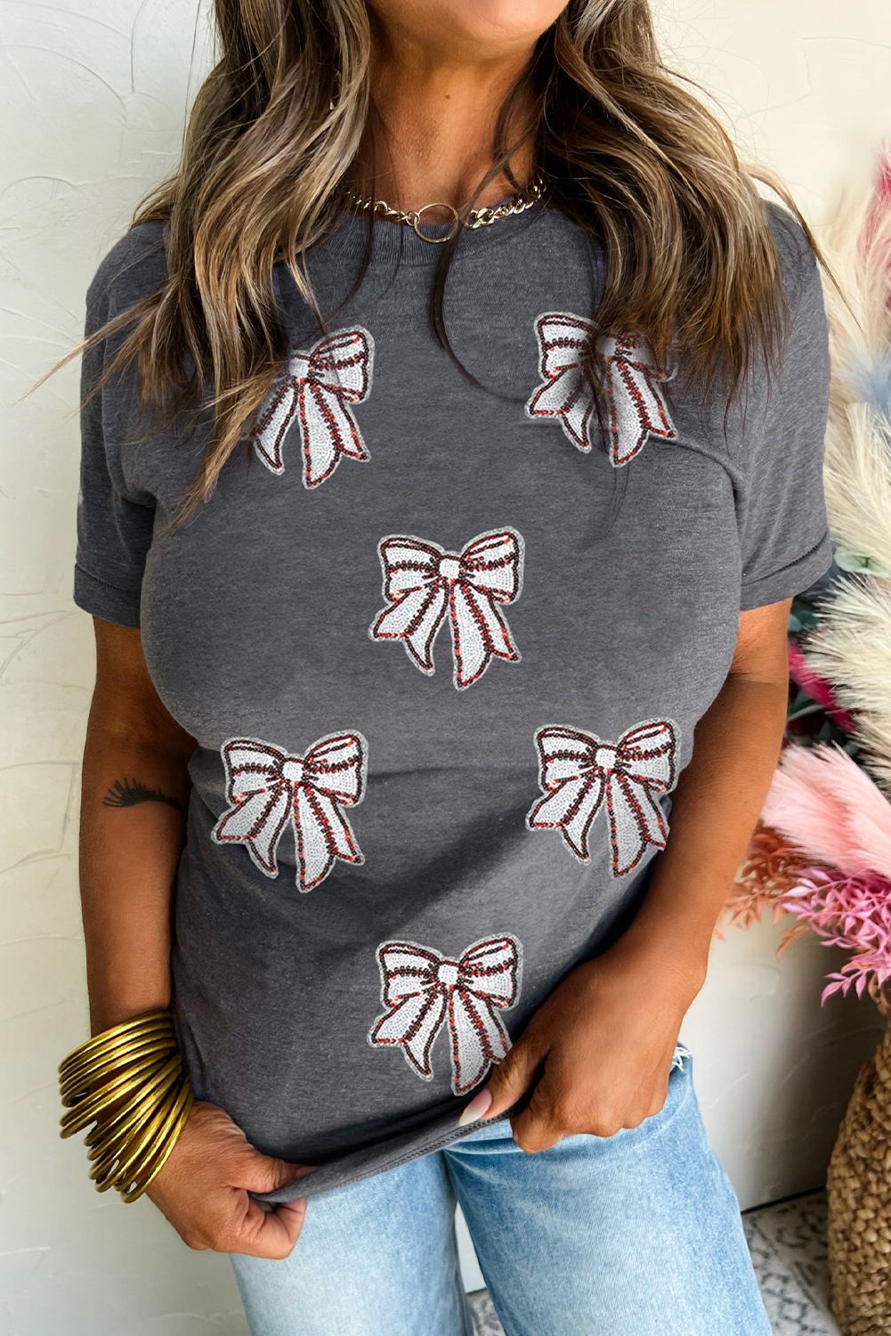 Trendy Women's Short Sleeve Round Neck Tee - Sequin Accents for a Fun Look - Detail View 3