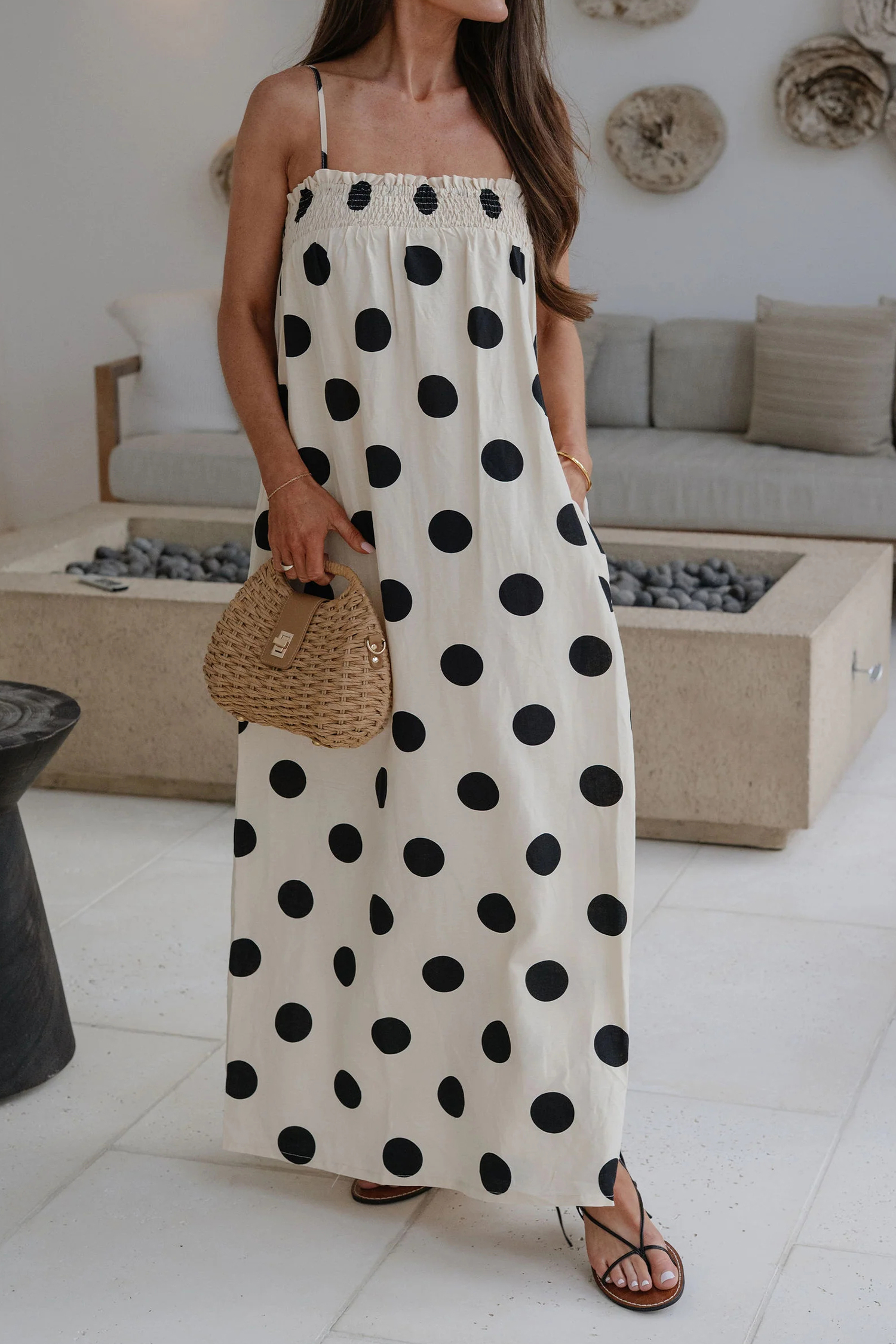 Women's White Polka Dot Maxi Dress – Summer Casual Spaghetti Strap Shift Style - Detail View 7