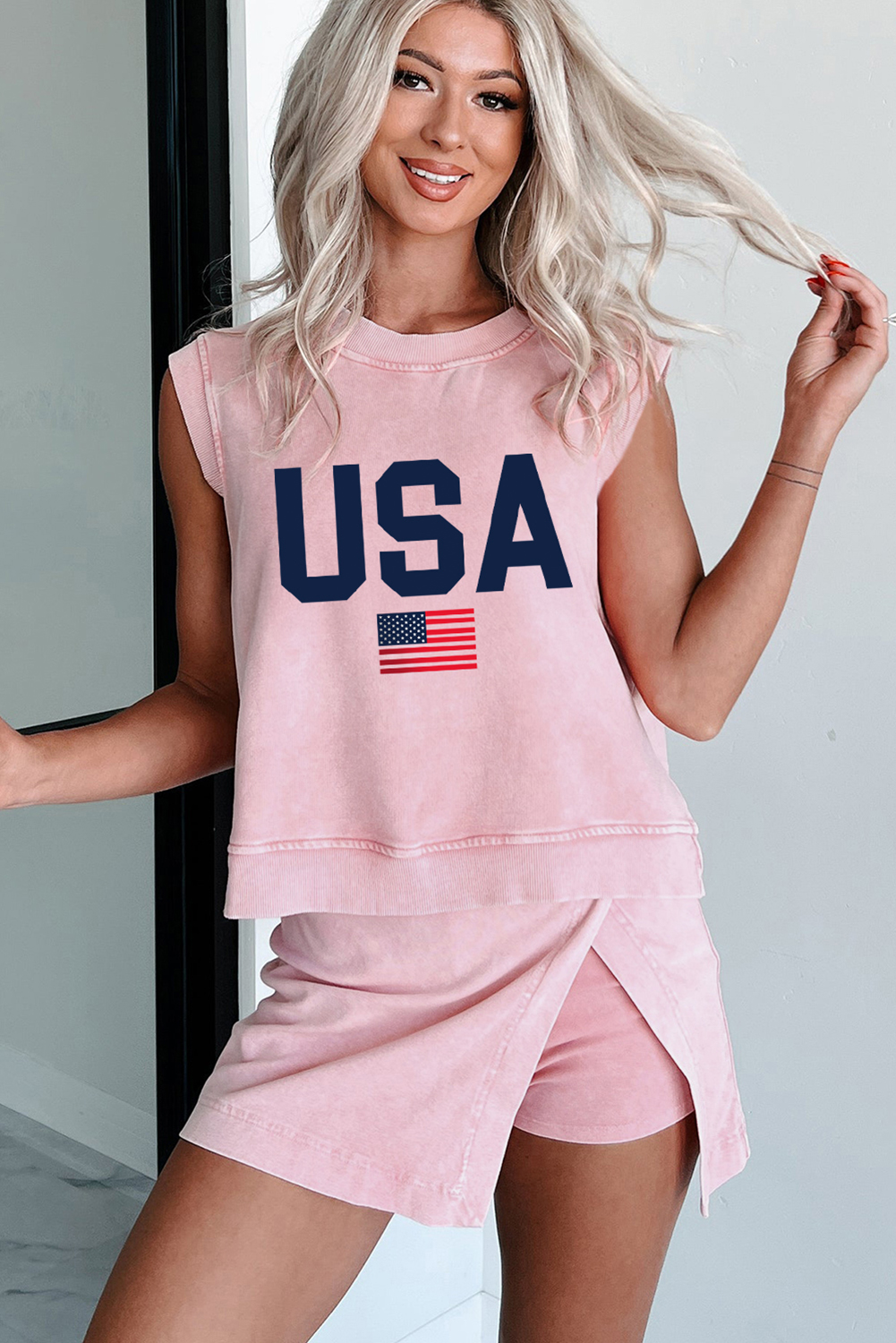 Women's Light Pink USA Flag Graphic Tank Top and Skort Set - Casual Summer Outfit - Detail View 5