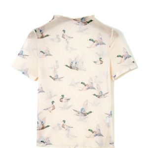Women's Mallard Print Sheer Mesh Top – Western High Neck Short Sleeve Tee, Beige Summer Blouse - Main View