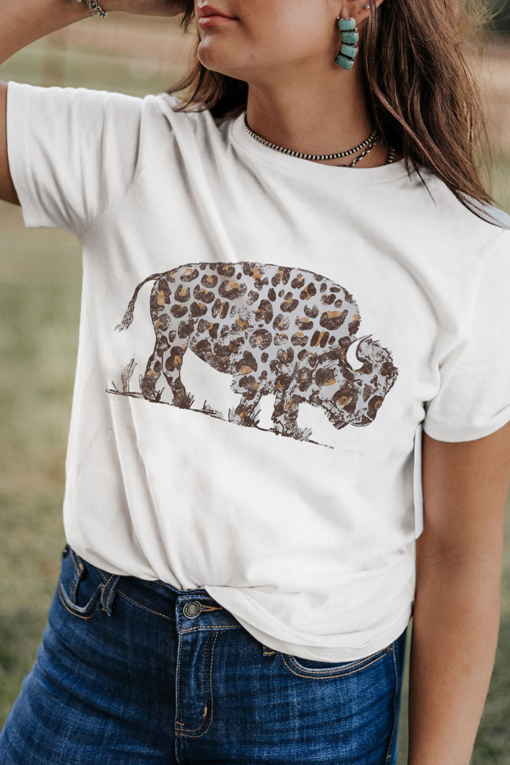 Stylish Leopard Print Graphic Tee with Bold Buffalo Design for Women - Detail View 2