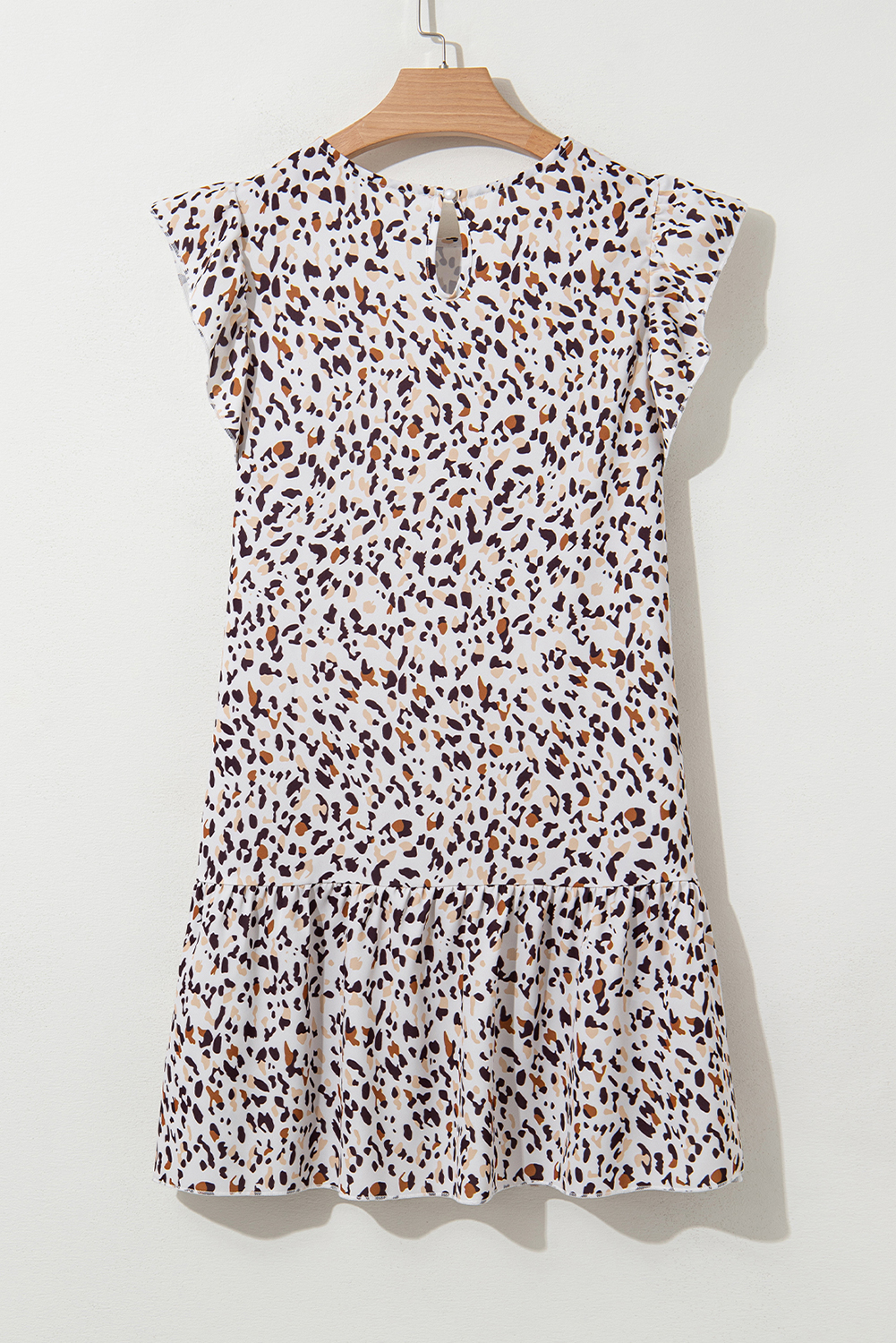 Women's Mini Dress, Khaki Leopard, Ruffled Flutter Sleeve, Keyhole Back, Casual Dress, Elegant Style, Summer Fashion, Daily Wear, Shift Silhouette, Stylish Design, Feminine Touch, 100% Polyester, Fun and Flirty Dress - Detail View 16