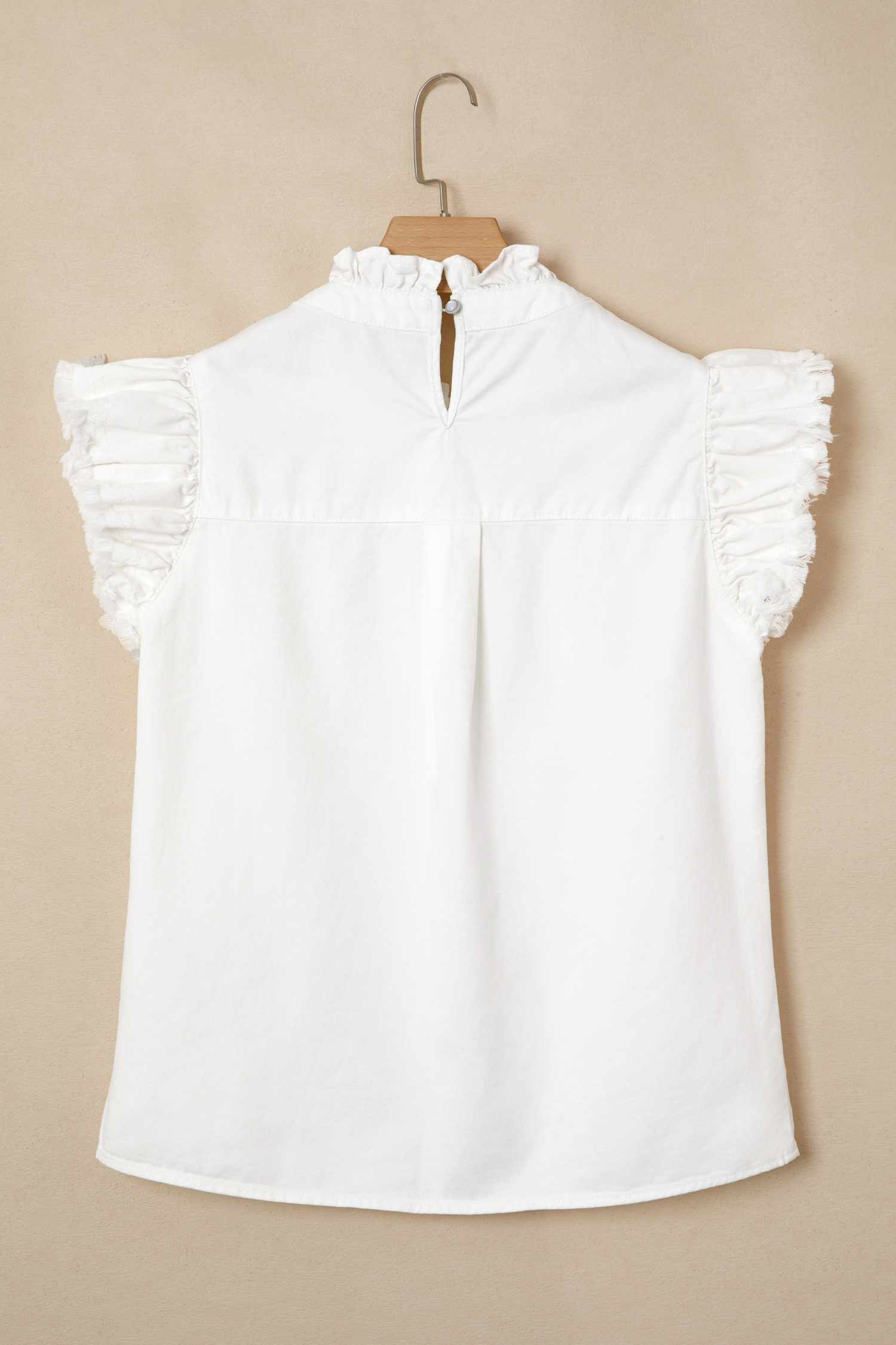 Casual White Denim Ruffle Sleeve Blouse – Chic Shift Silhouette Top for Office or Date Night - Detail View 5