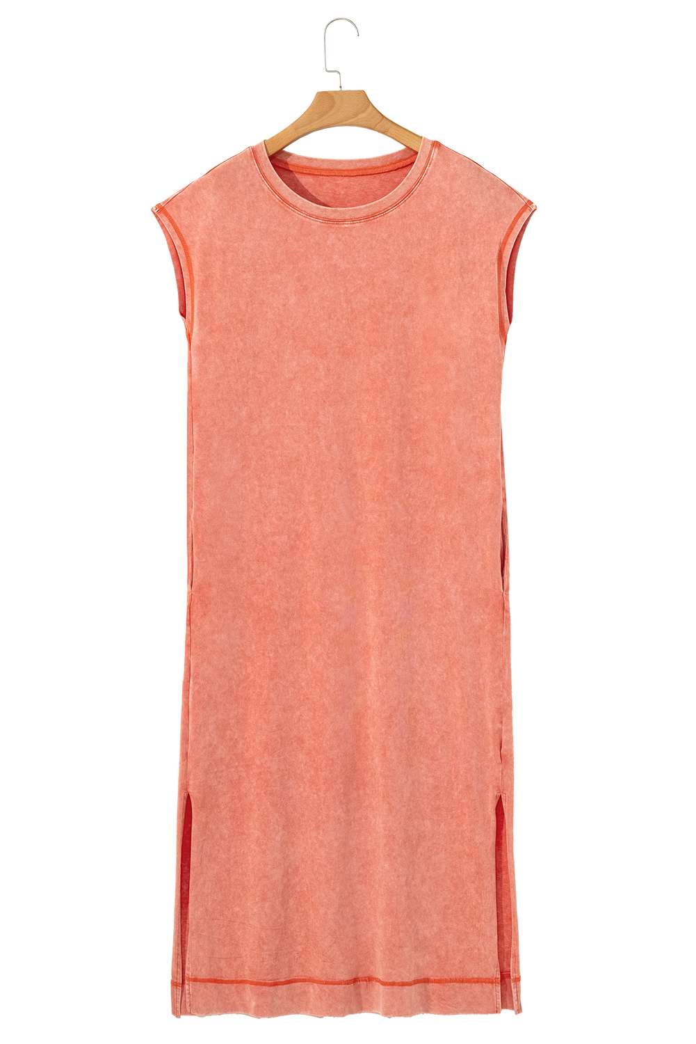 Women's Dress, Carrot Color, Mineral Wash, Pocketed T-Shirt Dress, Casual Style, Sleeveless, Long Length, Side Slits, Everyday Wear, Chic Look, Comfortable Cotton, Summer Fashion, Shift Silhouette, Best Sellers, Solid Pattern - Detail View 16