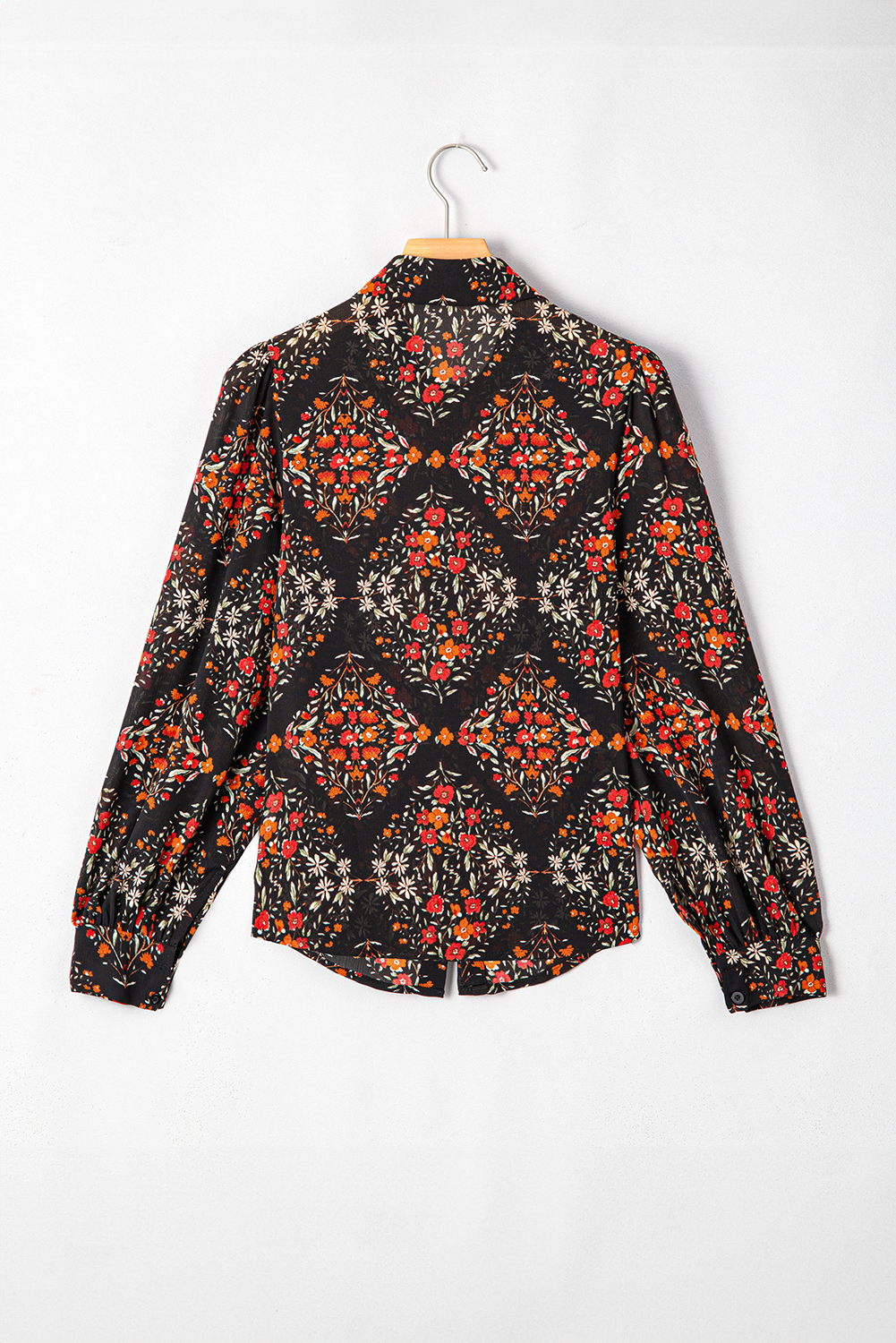Women's Black Floral Puff Sleeve Shirt - Aesthetic Fairy Style Blouse - Detail View 5