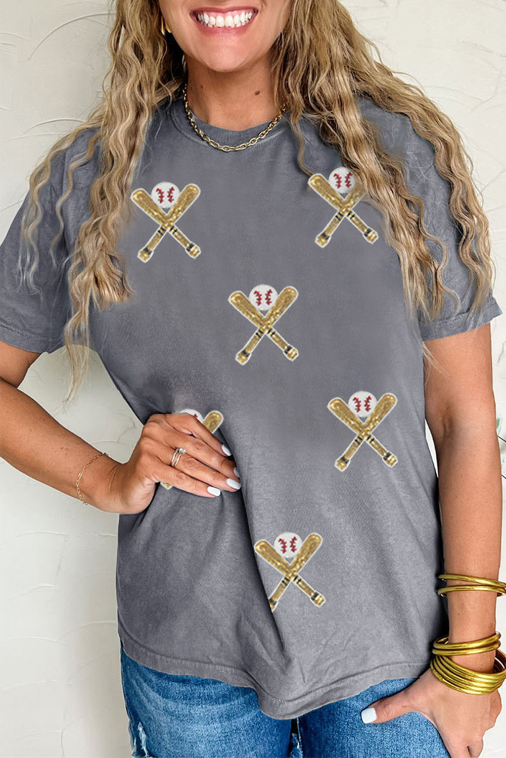 Women's Gray Sequined Game Day Casual Tee - Baseball Graphic T-Shirt - Detail View 5