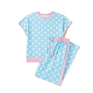 Women's Sky Blue Polka Dot 2-Piece Set – Short Sleeve Top and High Waist Pants, Casual Summer Outfit - Main View