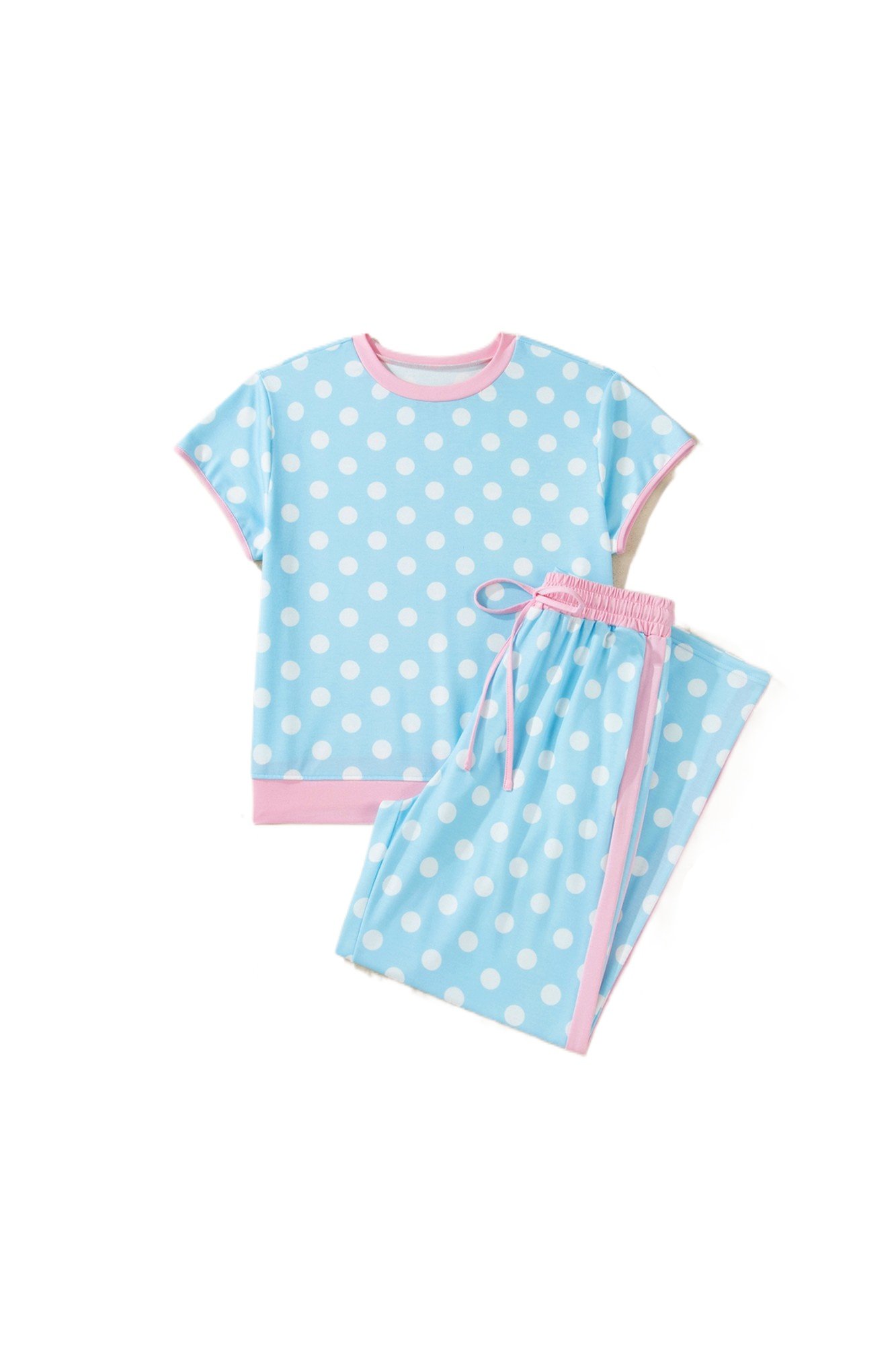 Women's Sky Blue Polka Dot 2-Piece Set – Short Sleeve Top and High Waist Pants, Casual Summer Outfit - Main View