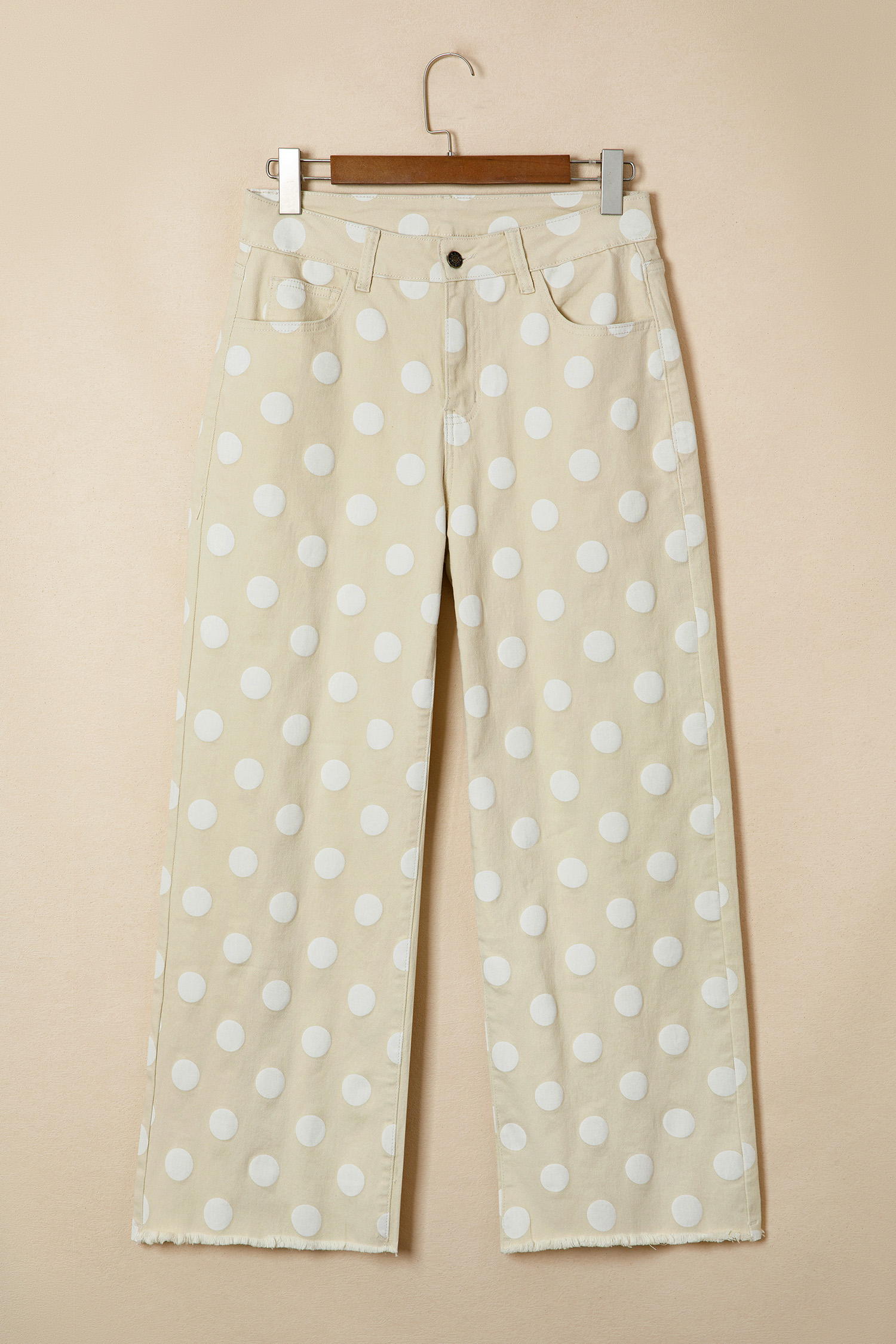Modern Women's Khaki Polka Dot Denim Jeans – High Waist Shift Silhouette with Raw Hem for Four Seasons - Detail View 3