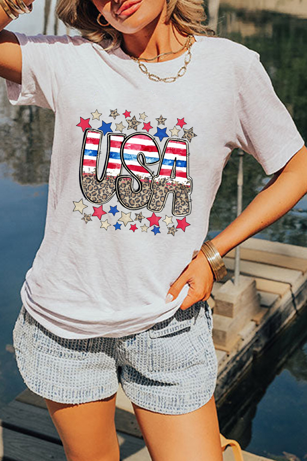 Women's White Patriotic Star Leopard USA Letter Graphic T-Shirt - Detail View 5