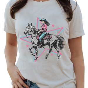 Women's White Star Cowgirl Graphic Round Neck T-Shirt - Western Inspired Design - Main View