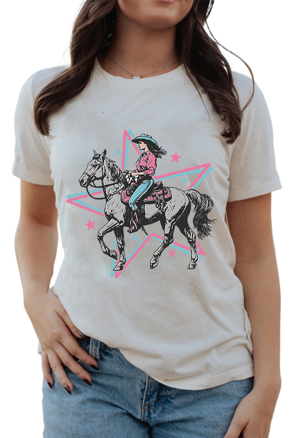 Women's White Star Cowgirl Graphic Round Neck T-Shirt - Western Inspired Design - Main View