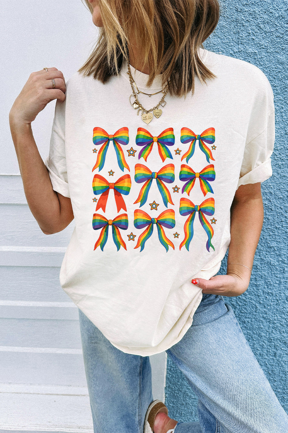 Cute and Comfortable White Cotton Blend T-Shirt for Women - Pride Bow Design - Detail View 2