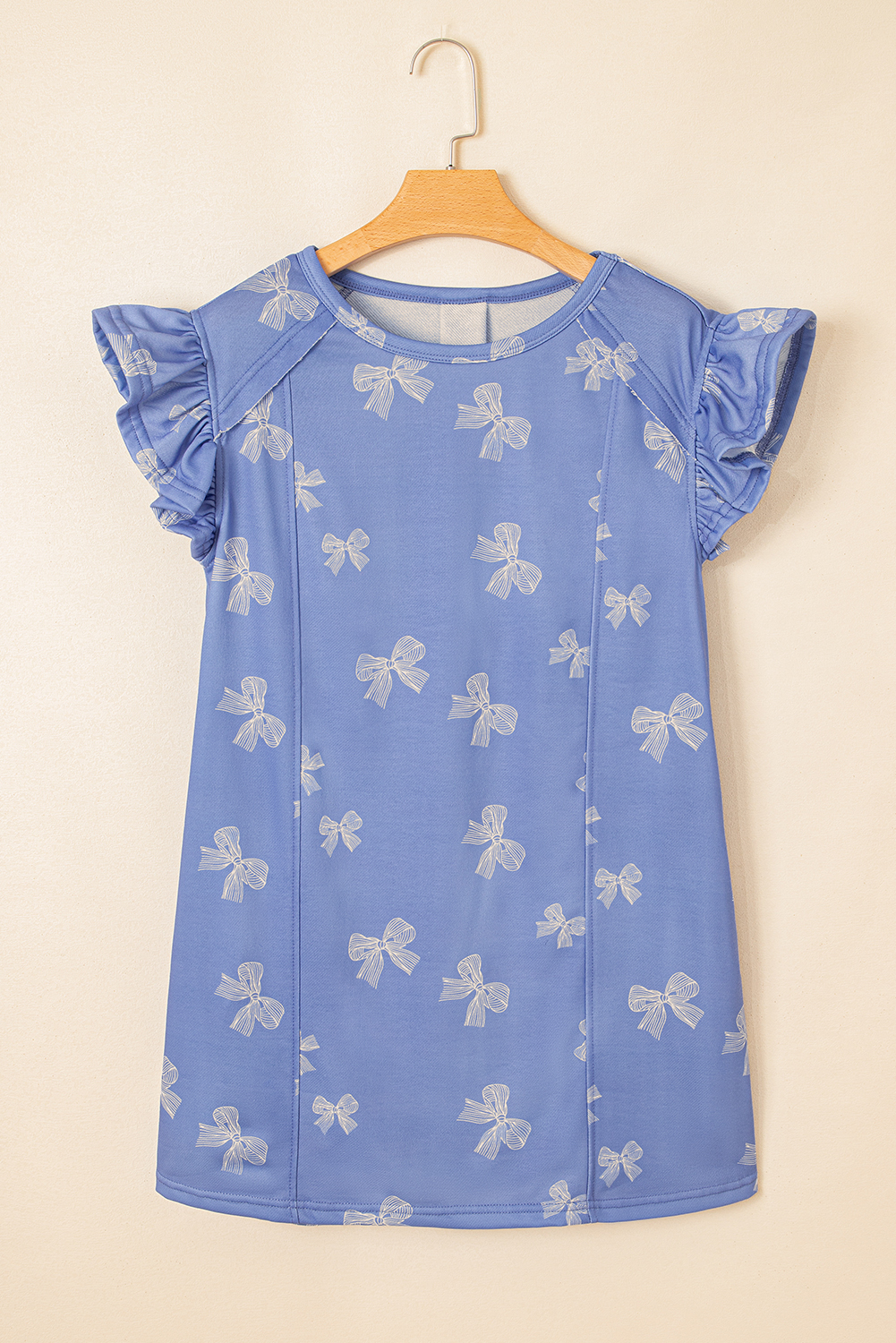 Casual Summer Dress for Women - Sky Blue Shift Dress with Delicate Ruffled Sleeves - Detail View 7