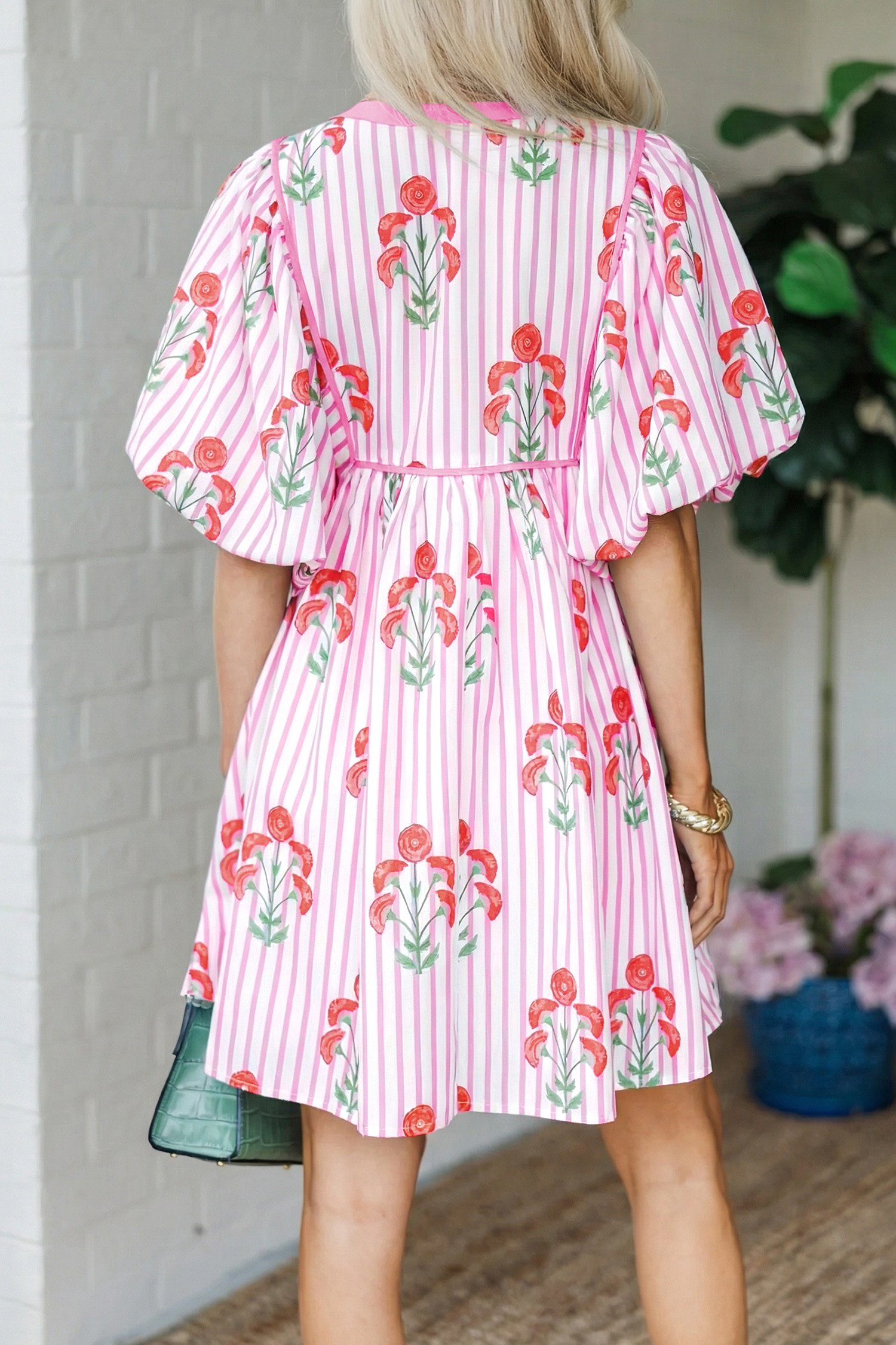 Casual Pink Floral Striped Mini Dress for Women – Tie Notched Neck Puff Sleeve, 100% Polyester - Detail View 6