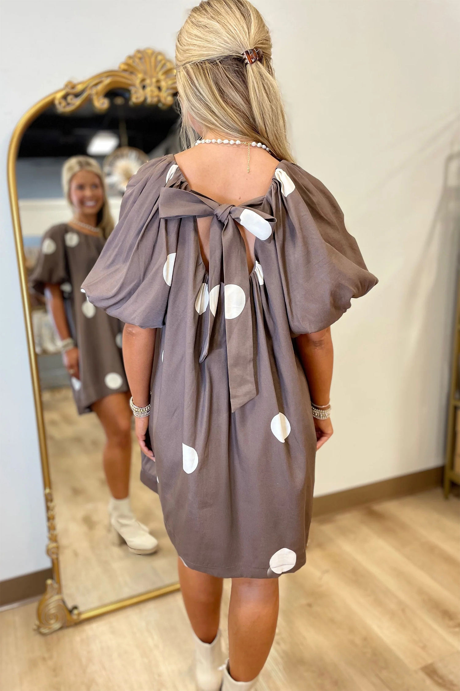 Women's Summer Polka Dot Mini Dress – Brown Puff Sleeve Knot Back A-Line Dress, Stylish Seasonal Gift for Her - Detail View 6