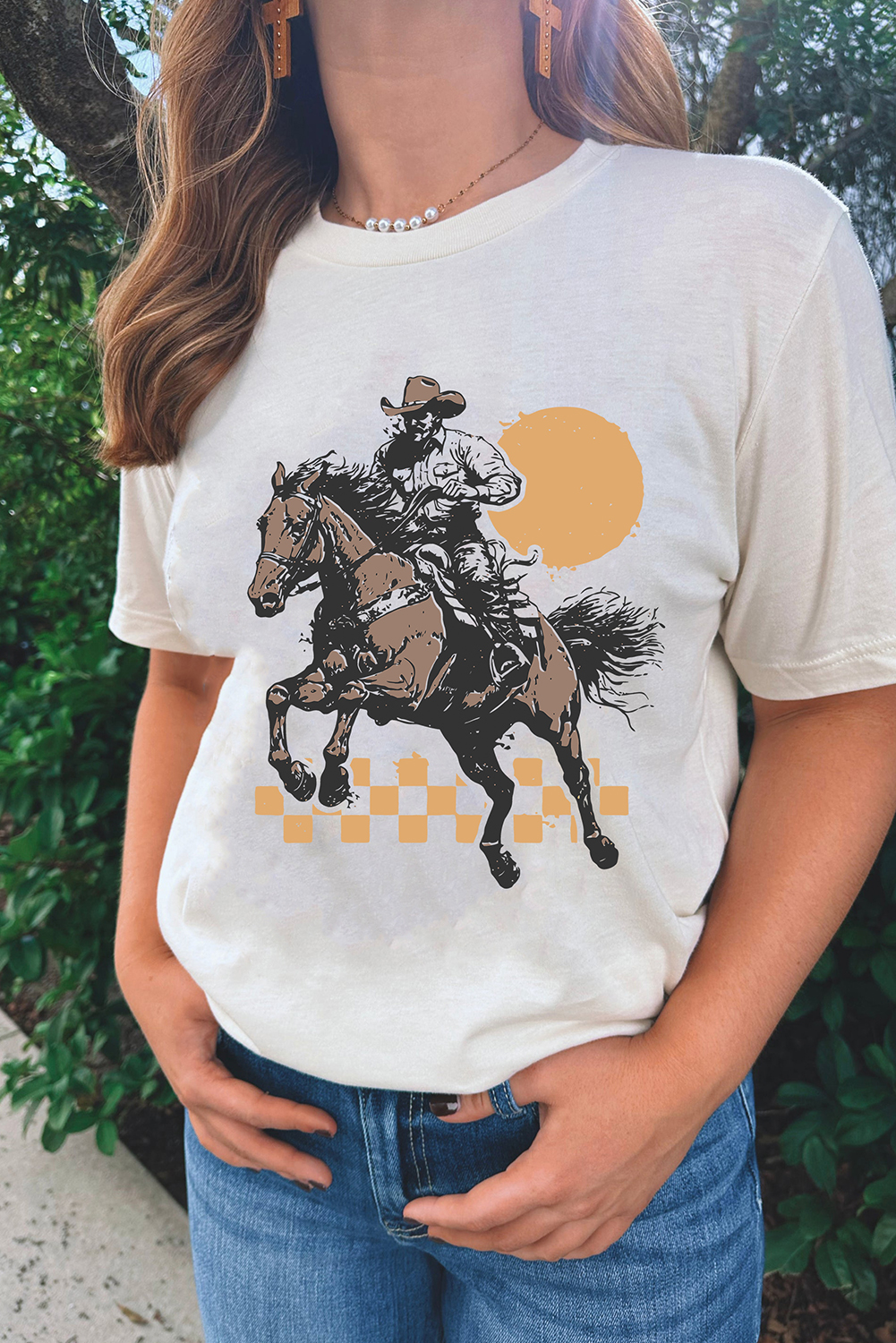 Women's T-Shirt, White, Sunset Cowboy Print, Western Fashion, Graphic Tee, Casual Style, Short Sleeve, Round Neck, Comfortable Fabric, Daily Wear, Summer Style, Trendy Women’s Top - Detail View 8