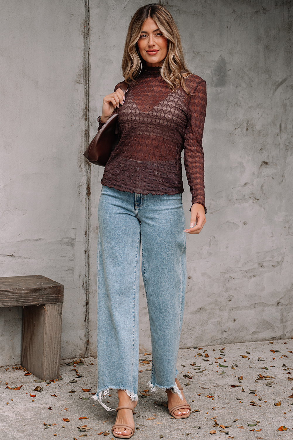 Elegant Slim Fit Coffee Mesh Top with Unique Pattern and Feminine Details - Detail View 6